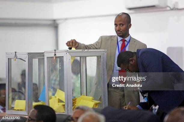 Somali lawmakers cast their ballot to elect the countrys next president at the parliament in Mogadishu, Somalia on February 08, 2017. Members of the...