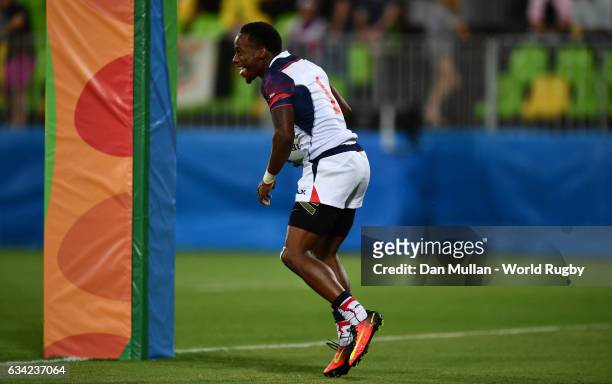Carlin Isles of the United States runs in to score a try during the Men's Rugby Sevens placing match between the United States and Brazil on Day five...