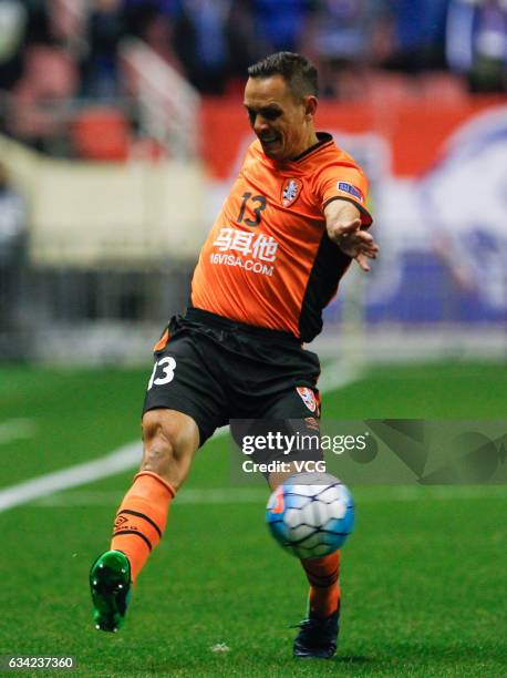 Jade North of Brisbane Roar drvies the ball during the AFC Champions League 2017 play-off match between Shanghai Shenhua and Brisbane Roar at Hongkou...