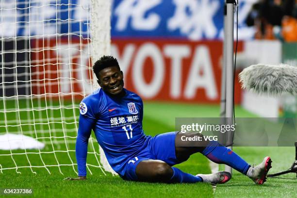 Obafemi Martins of Shanghai Shenhua reacts after missing a goal opportunity during the AFC Champions League 2017 play-off match between Shanghai...