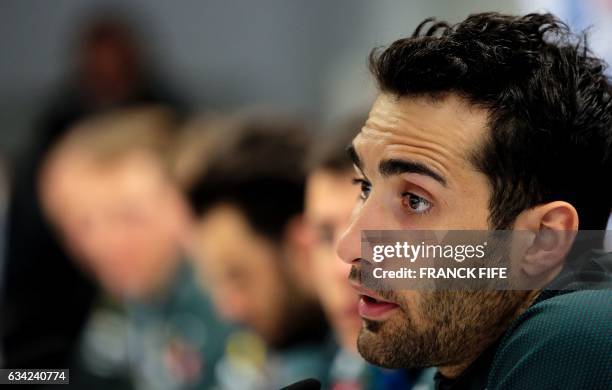 France's Martin Fourcade gives a press conference ahead of the 2017 FIS Biathlon World Championships in Hochfilzen on February 7, 2017. / AFP /...