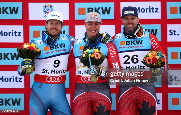 Silver medalist Kjetil Jansrud of Norway, gold medalist Erik Guay of Canada and bronze medalist Manuel Osborne-Paradis of Canada pose during the...