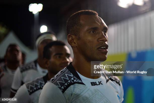 Osea Kolinisau of Fiji prepares to lead out his team during the Men's Rugby Sevens Gold Medal match between Fiji and Great Britain on day six of the...