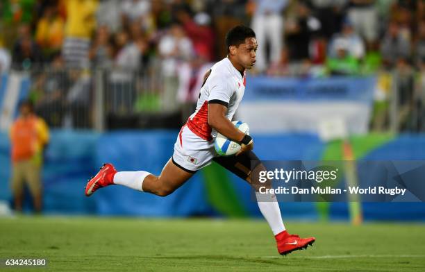 Kazuhiro Goya of Japan runs in for a try during the Men's Rugby Sevens Bronze Medal match between Japan and South Africa on day six of the Rio 2016...