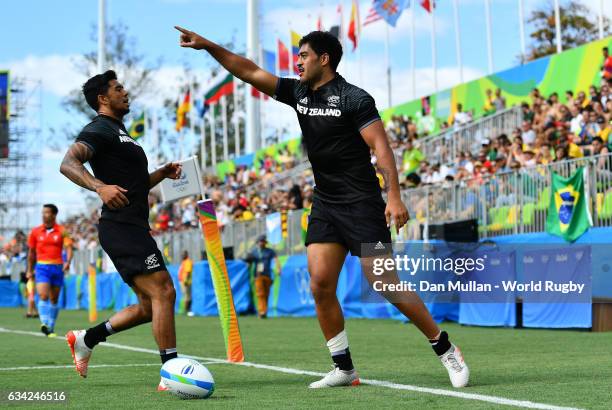 Akira Ioane of New Zeland celebrates scoring a try during the Men's Rugby Sevens placing match between New Zealand and France on day six of the Rio...