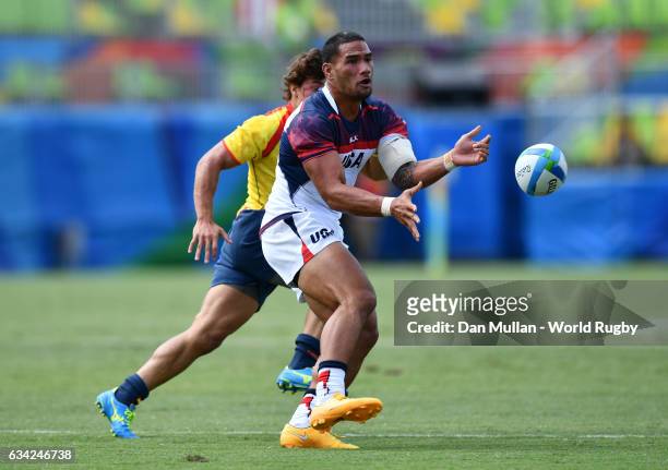 Martin Iosefo of the United States releases a pass during the Men's Rugby Sevens placing match between the United States and Spain on day six of the...