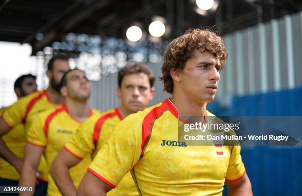 Angel Lopez of Spain prepares to lead out his team during the Men's Rugby Sevens placing match between the United States and Spain on day six of the...