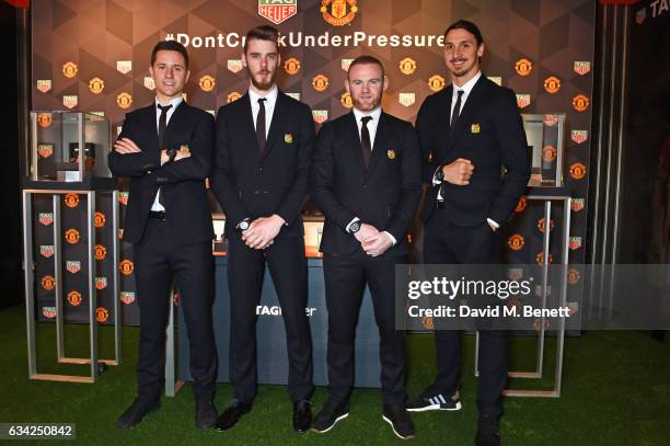 Ander Herrera, David De Gea, Wayne Rooney and Zlatan Ibrahimovic attend the launch of the TAG Heuer Manchester United partnered special editions at...