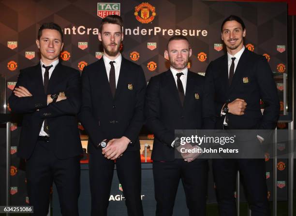 Ander Herrera, David de Gea, Wayne Rooney and Zlatan Ibrahimovic of Manchester United attend the launch of a TAG Heuer Special Edition Manchester...