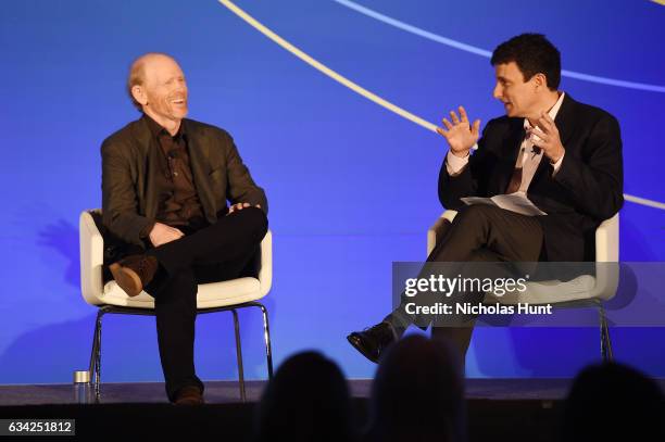 Ron Howard and editor of the New Yorker David Remnick participate in a discussion onstage during the American Magazine Media Conference 2017 on...