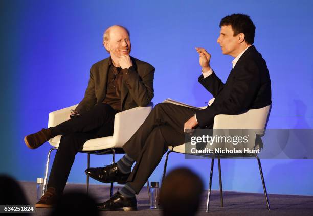 Ron Howard and editor of the New Yorker David Remnick participate in a discussion onstage during the American Magazine Media Conference 2017 on...