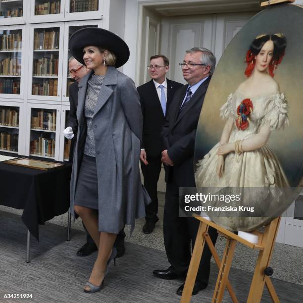 Queen Maxima of the Netherlands visit the the Goethe and Schiller Archive, Petersen-Bibliothek on February 8, 2017 in Weimar, Germany. The Goethe and...