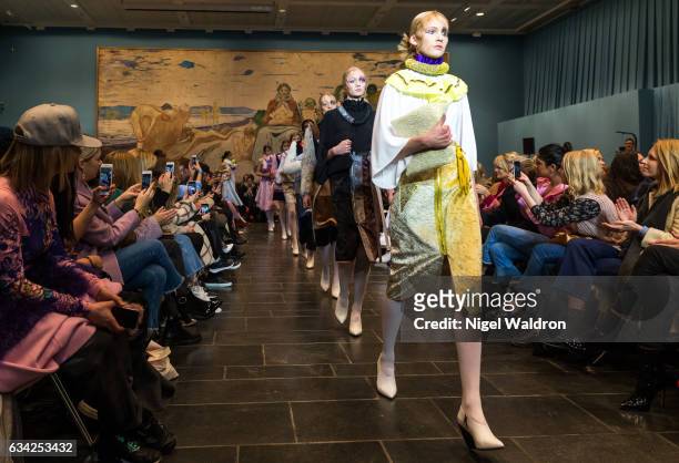 February 07: A model walks the runway at the Admir Batlak show during the Fashion Week Oslo Autumn/Winter 2017 at the Munch Museum on February 07,...