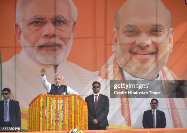 Prime Minister Narendra Modi addressing a BJP election campaign rally on February 8, 2017 in Ghaziabad, India. Prime Minister took on the SP chief...