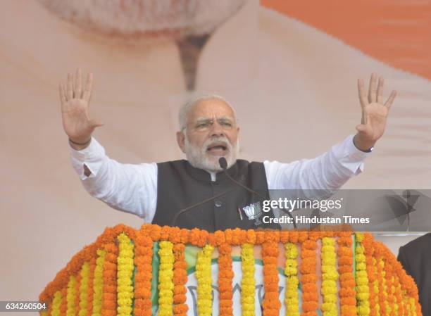 Prime Minister Narendra Modi addressing a BJP election campaign rally on February 8, 2017 in Ghaziabad, India. Prime Minister took on the SP chief...
