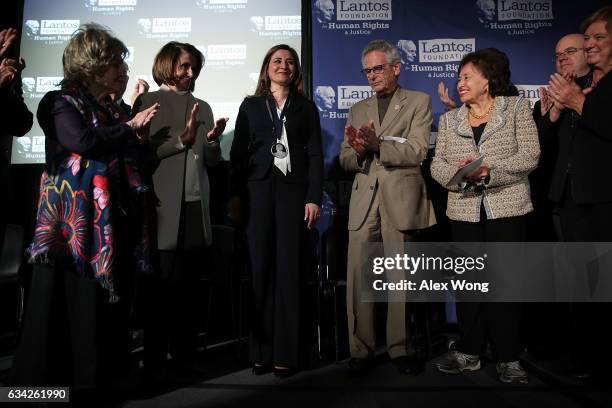 Iraqi parliamentarian Vian Dakhil is presented with the 2016 Human Rights Prize as House Minority Leader Rep. Nancy Pelosi , Rep. Alan Lowenthal ,...