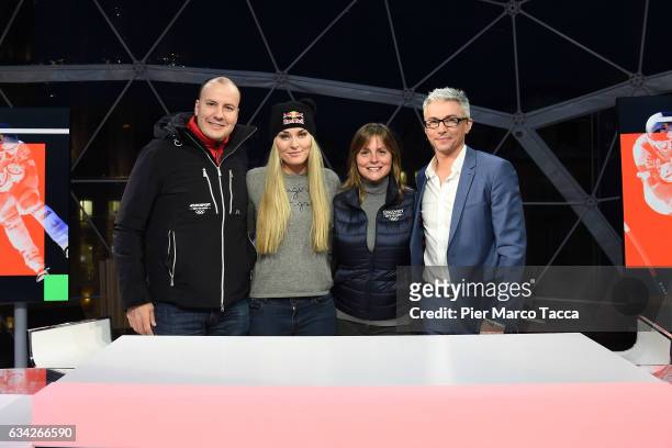 Perrette, President and CEO, Discovery Networks International, Lindsey Vonn, Michelle Russo and Jonathan Edwards pose during a visit to the Eurosport...