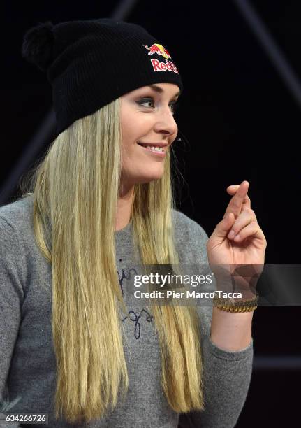 Lindsey Vonn visits the Eurosport studio in St Moritz for an interview by lead presenter and former Olympic triple-jump champion and world record...