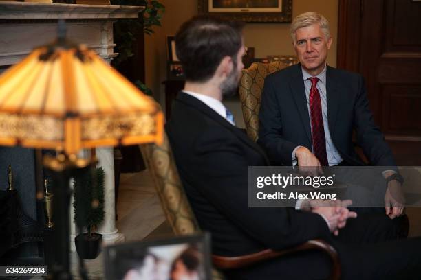 Supreme Court nominee Judge Neil Gorsuch meets with Sen. Tom Cotton in Cotton's office February 8, 2017 in Washington, DC. Gorsuch continued his...