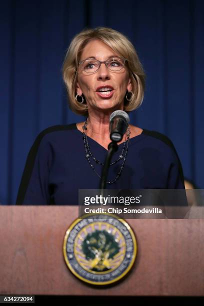 Education Secretary Betsy DeVos delivers remarks to employees on her first day on the job at the Department of Education February 8, 2017 in...