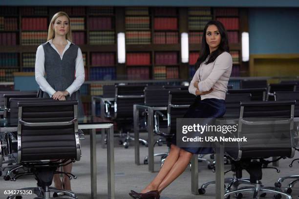 Admission of Guilt" Episode 614 -- Pictured: Amanda Schull as Katrina Bennett, Meghan Markle as Rachel Zane --