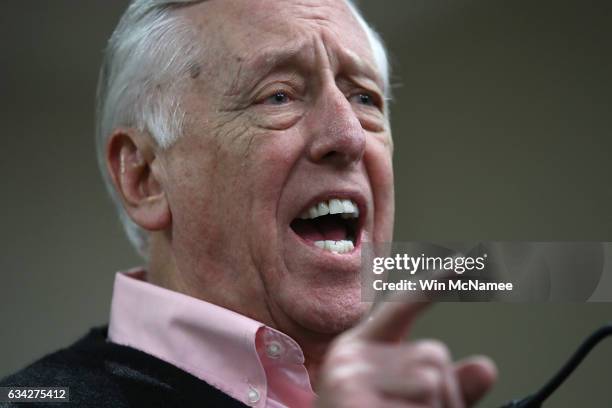 Rep. Steny Hoyer delivers remarks while attending an opening news conference during the House Democratic caucus "Issues Conference" on February 8,...