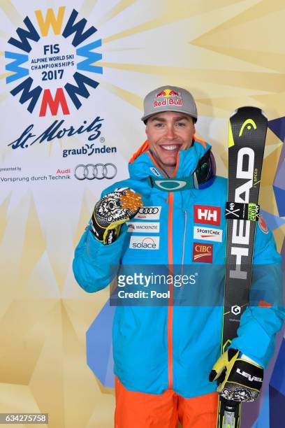 Gold medallist Erik Guay of Canada poses during the medal ceremony for the Men's Super G during the FIS Alpine World Ski Championships on February 8,...