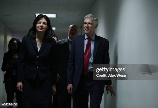 Supreme Court nominee Judge Neil Gorsuch arrives with former Sen. Kelly Ayotte for a meeting with Sen. Richard Blumenthal February 8, 2017 on Capitol...