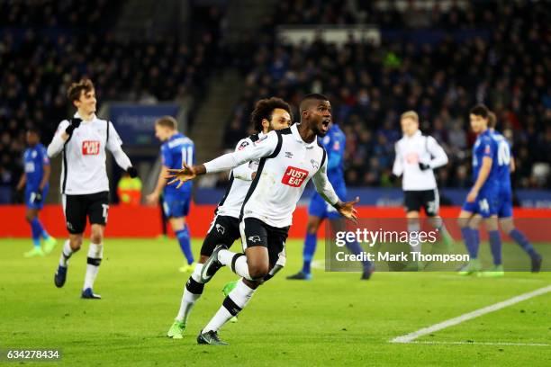 Abdoul Razzagui Camara of Derby County celebrates after his free-kick was deflected in for his side's first goal during the Emirates FA Cup Fourth...