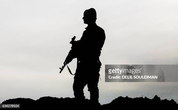 Member of the Syrian Democratic Forces , made up of US-backed Kurdish and Arab fighters, stands guard near the village of Bir Fawaz, 20 km north of...