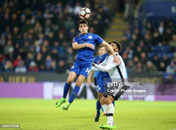 Bartosz Kaputska of Leicester City in action with Cyrus Christie of Derby County during the Emirates FA Cup Fourth Round Replay match between...