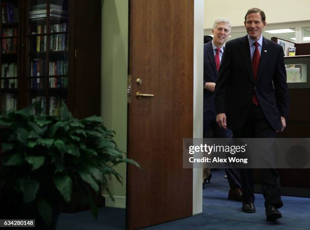 Supreme Court nominee Judge Neil Gorsuch arrives for a meeting with Sen. Richard Blumenthal February 8, 2017 on Capitol Hill in Washington, DC....