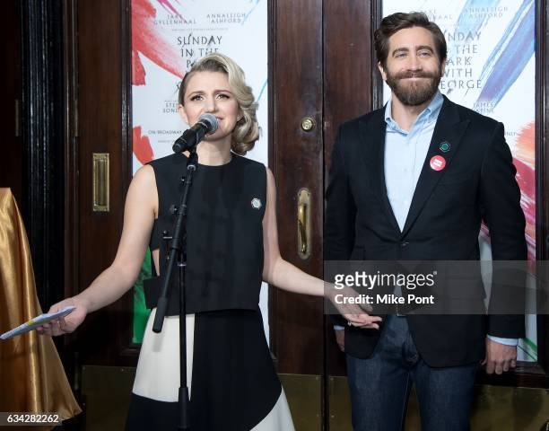 Annaleigh Ashford and Jake Gyllenhaal attend the Hudson Theatre re-opening ribbon cutting at Hudson Theatre on February 8, 2017 in New York City.