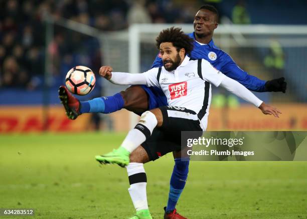 Daniel Amartey of Leicester City in action with Ikechi Anya of Derby County during the Emirates FA Cup Fourth Round Replay match between Leicester...