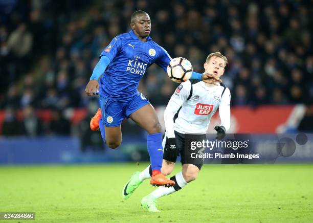 Nampalys Mendy of Leicester City in action with Matej Vydra of Derby County during the Emirates FA Cup Fourth Round Replay match between Leicester...