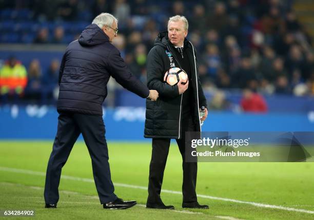 Manager Claudio Ranieri of Leicester City with Steve McClaren of Derby County during the Emirates FA Cup Fourth Round Replay match between Leicester...