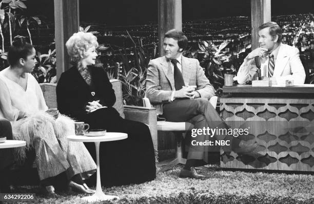 Pictured: Singer Della Reese, Actress Lucille Ball and Musician Roger Miller during an interview with Host Johnny Carson on November 16th, 1970 --