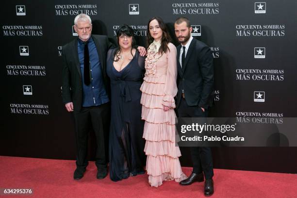 James Foley, E.L. James, Dakota Johnson and Jamie Dornan attend the 'Fifty Shades Darker' premiere at Kinepolis Cinema on February 8, 2017 in Madrid,...