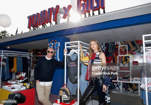 Fashion designer Tommy Hilfiger and model Gigi Hadid pose at the TommyLand Tommy Hilfiger Spring 2017 Fashion Show on February 8, 2017 in Venice,...