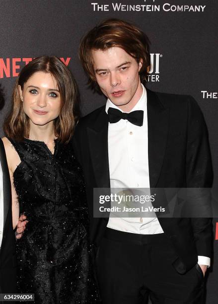 Actress Natalia Dyer and actor Charlie Heaton attend the 2017 Weinstein Company and Netflix Golden Globes after party on January 8, 2017 in Los...
