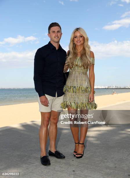 Carlton Blues footballer Marc Murphy poses with his wife Jessie Murphy during the Festival of Racing Media Launch at the St Kilda Beach Pontoon on...