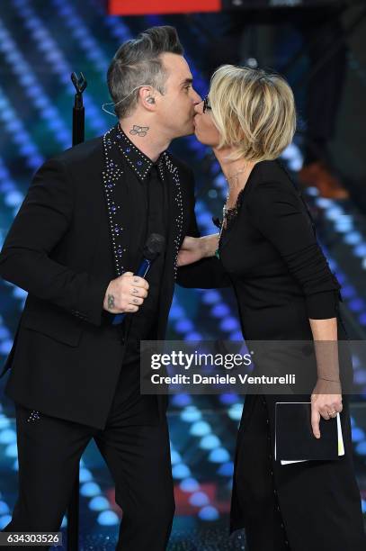 Robbie Williams and Maria De Filippi attend 67. Sanremo Festival at Teatro Ariston on February 8, 2017 in Sanremo, Italy.