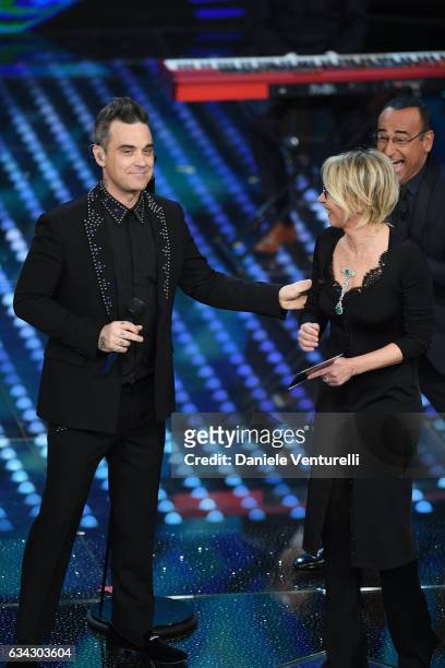 Robbie Williams and Maria De Filippi attend 67. Sanremo Festival at Teatro Ariston on February 8, 2017 in Sanremo, Italy.