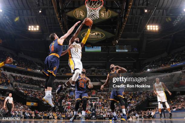 Paul George of the Indiana Pacers dunks against the Cleveland Cavaliers on February 8, 2017 at Bankers Life Fieldhouse in Indianapolis, Indiana. NOTE...