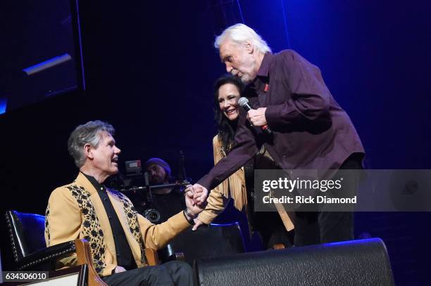 Kenny Rogers greets Randy Travis and Mary Travis during 1 Night. 1 Place. 1 Time: A Heroes & Friends Tribute to Randy Travis at Bridgestone Arena on...