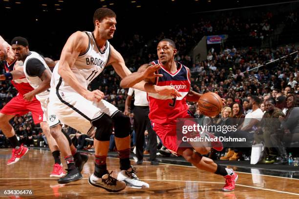 Bradley Beal of the Washington Wizards handles the ball against the Brooklyn Netson February 8, 2017 at Barclays Center in Brooklyn, New York. NOTE...