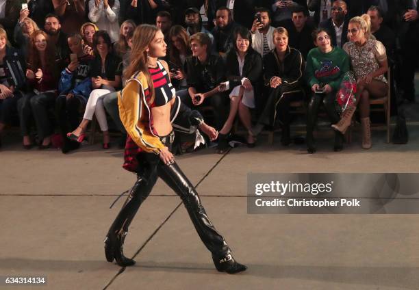 Model Gigi Hadid walks the runway at the TommyLand Tommy Hilfiger Spring 2017 Fashion Show on February 8, 2017 in Venice, California.