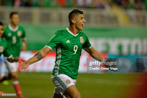 Alan Pulido of Mexico celebrates after scoring his team's first goal during an International Friendly match between Mexico and Iceland at Sam Boyd...