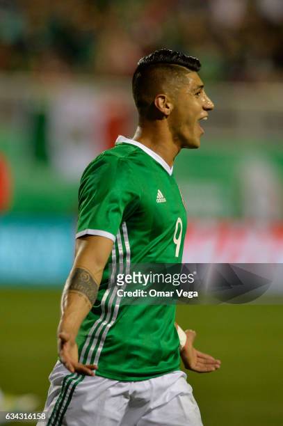 Alan Pulido of Mexico celebrates after scoring his team's first goal during an International Friendly match between Mexico and Iceland at Sam Boyd...