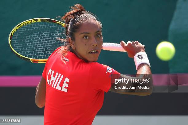 Daniela Seguel of Chile takes a shot during the third day of the Tennis Fed Cup, American Zone Group 1 at Club Deportivo La Asuncion, on February 08,...